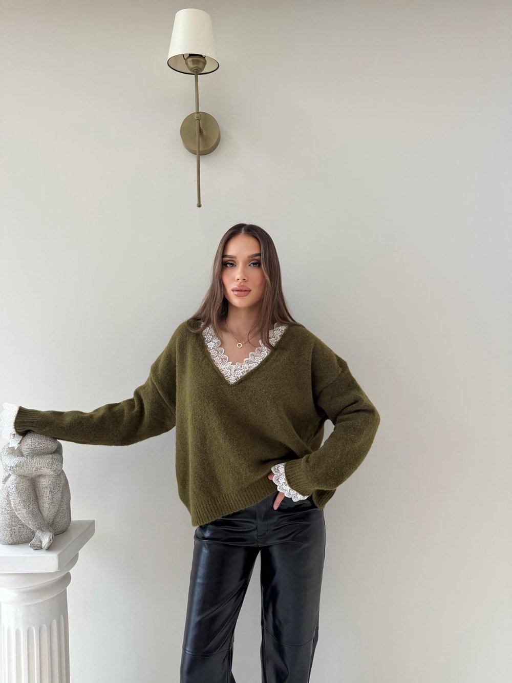 Yaka Ve Kol Dantel Detay Triko Yeşil 2042