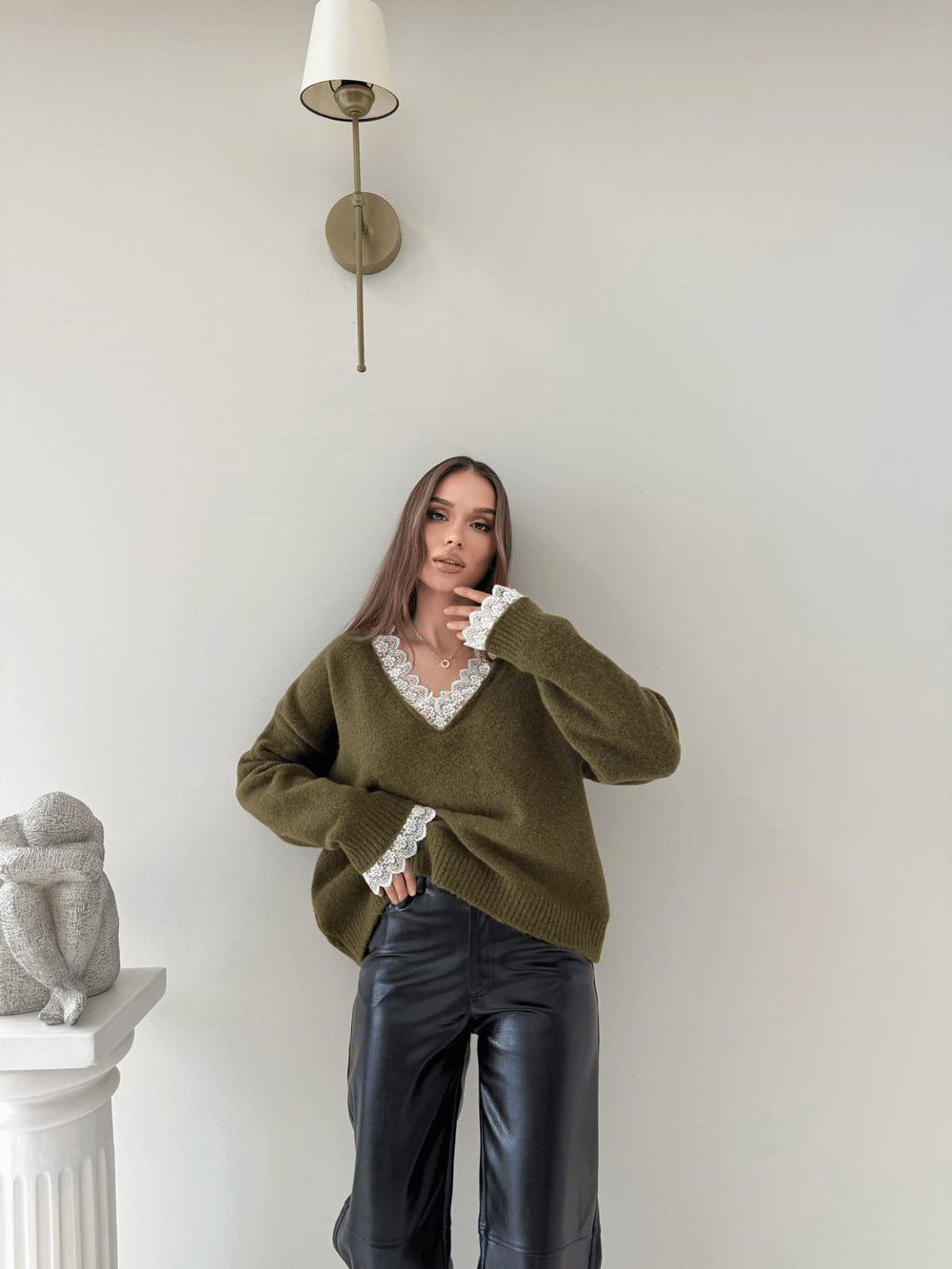 Yaka Ve Kol Dantel Detay Triko Yeşil 2042