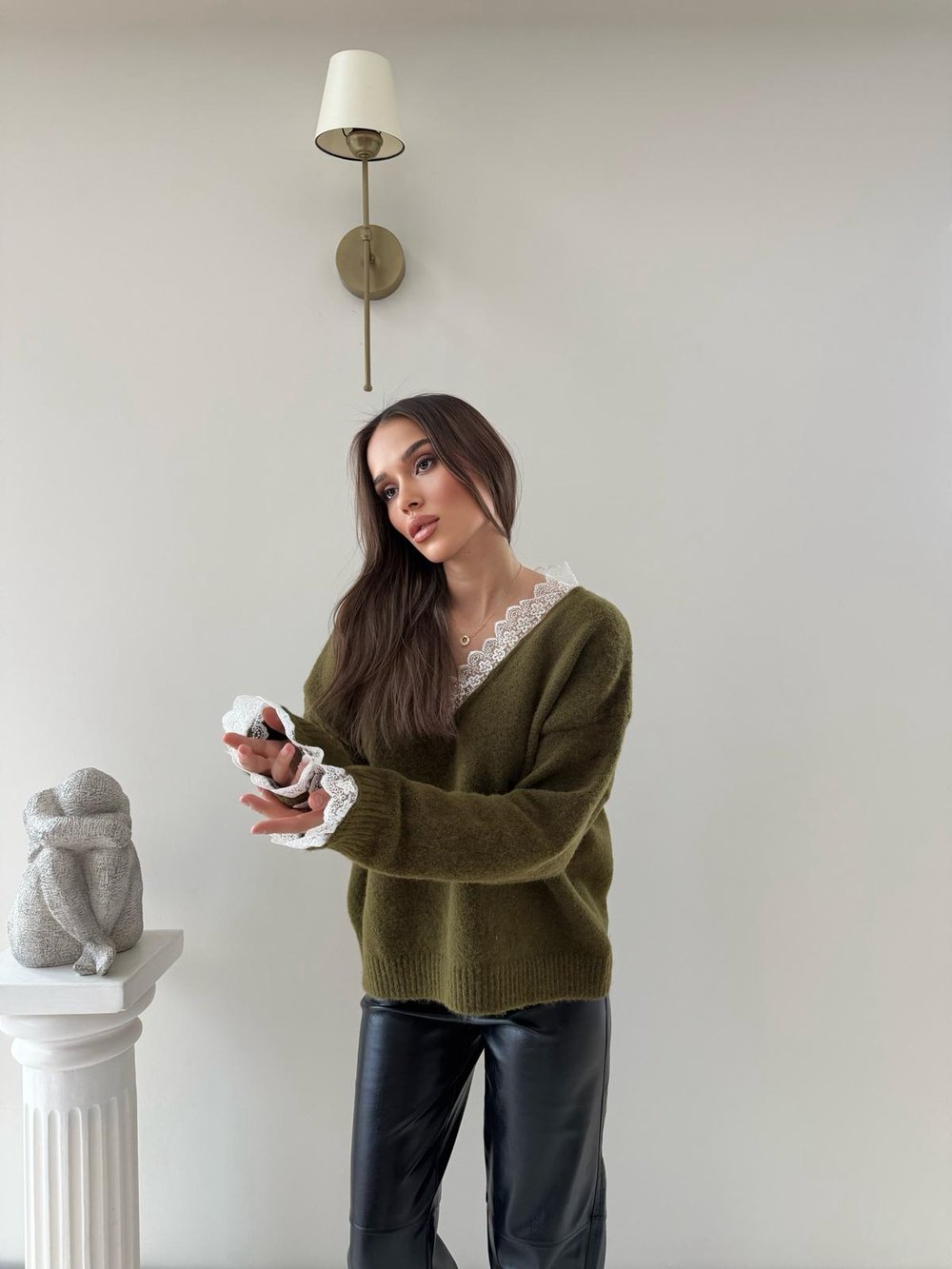 Yaka Ve Kol Dantel Detay Triko Yeşil 2042