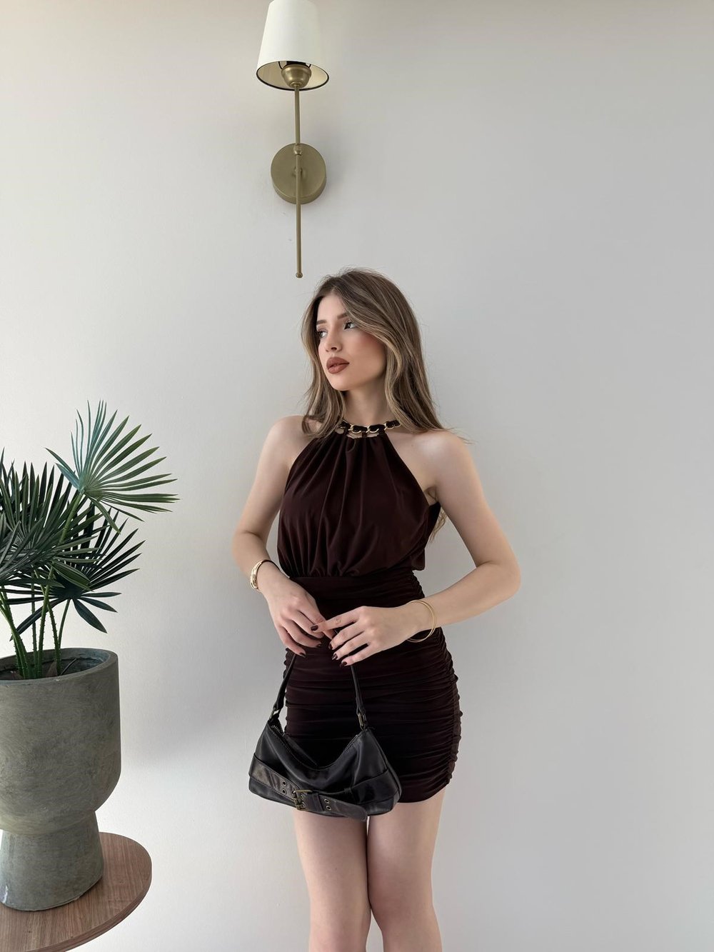 Yaka Zincir Detay Bel Drape Sandy Mini Elbise Acı Kahve 2260