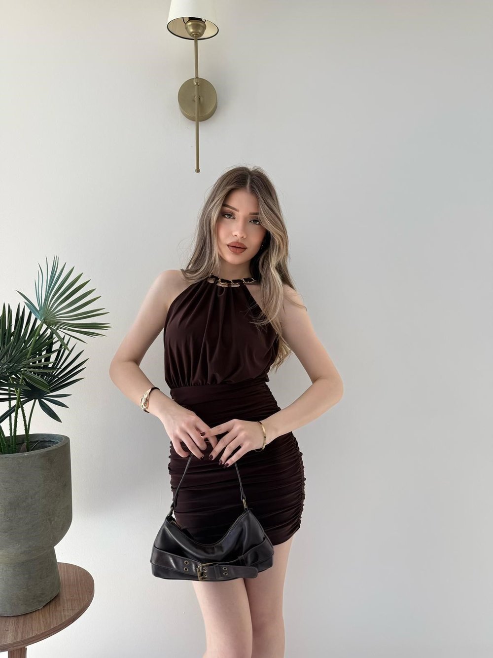 Yaka Zincir Detay Bel Drape Sandy Mini Elbise Acı Kahve 2260
