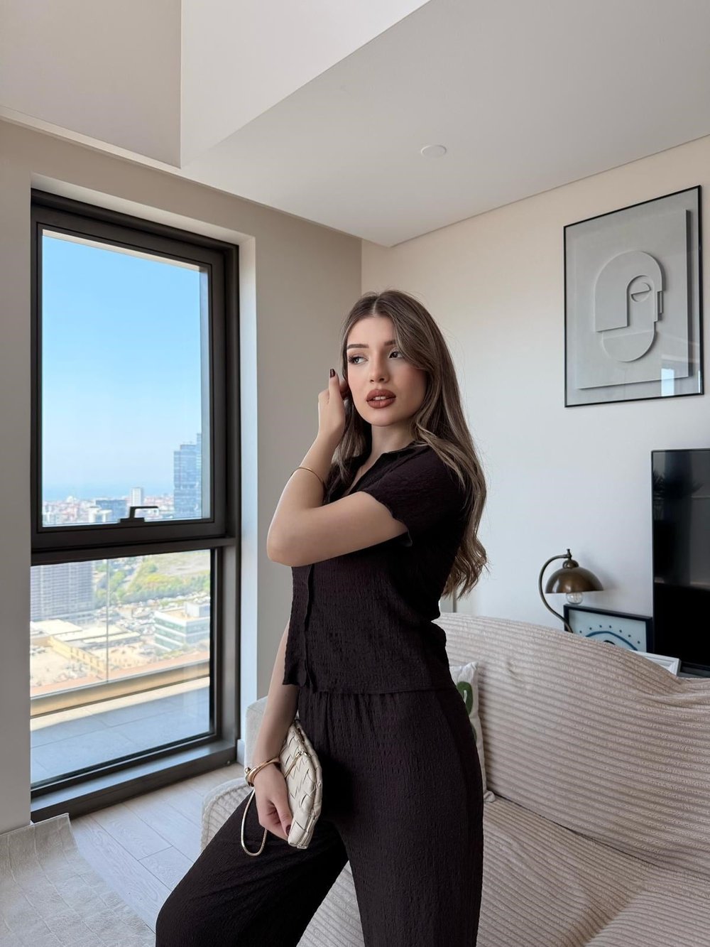 Yakalı Düğme Detay Hırka ve Pantolonlu Gofre İkili Takım Acı Kahve 2263