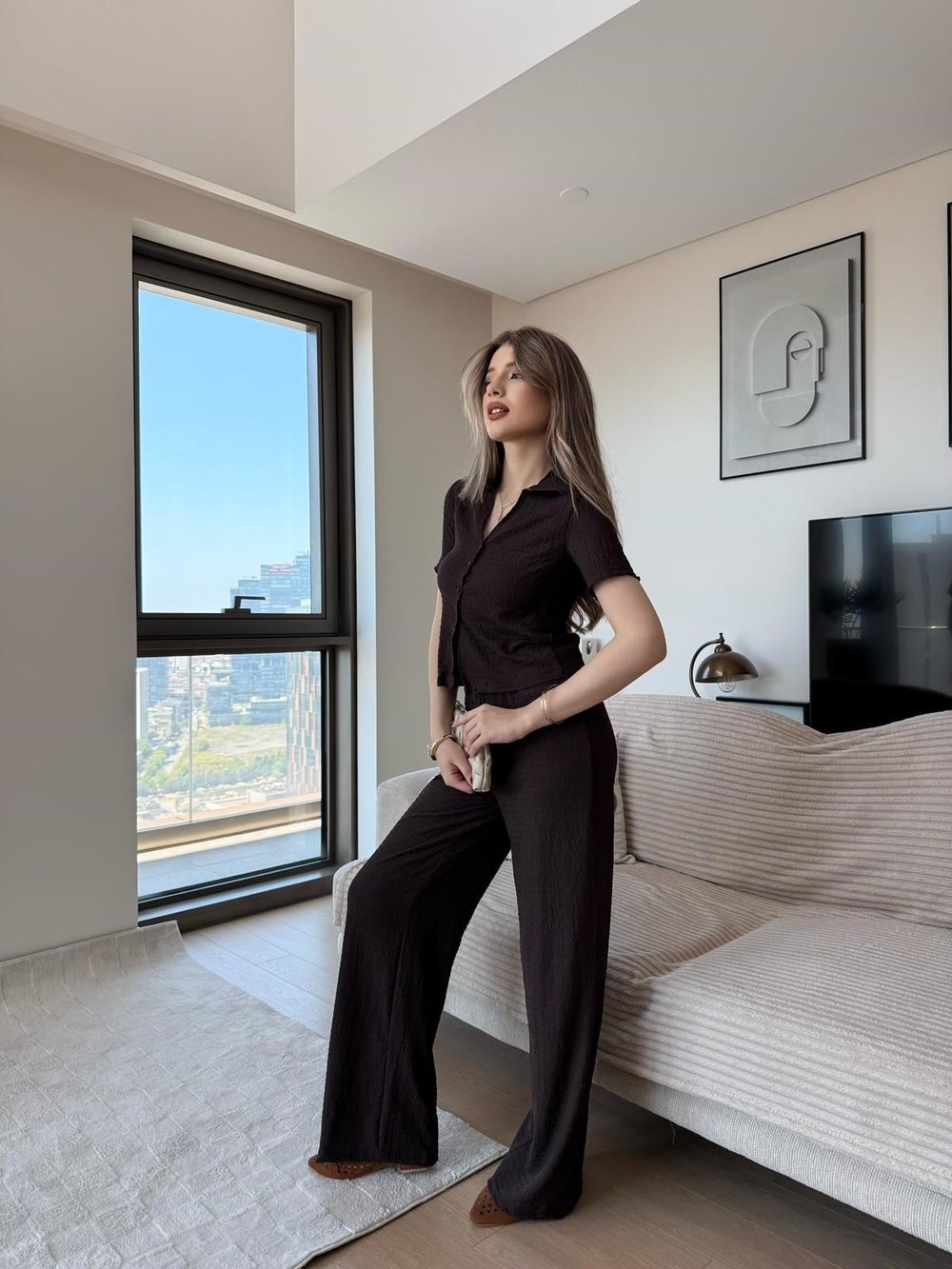 Yakalı Düğme Detay Hırka ve Pantolonlu Gofre İkili Takım Acı Kahve 2263