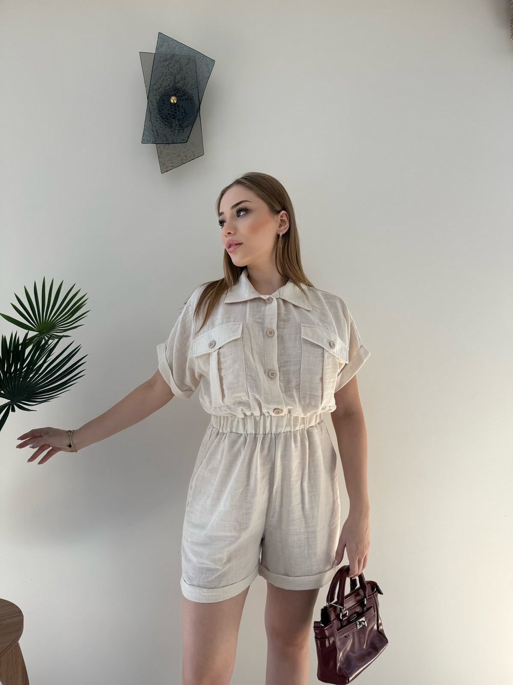 Yakalı Düğme Detay Şortlu Keten Tulum Bej 2353