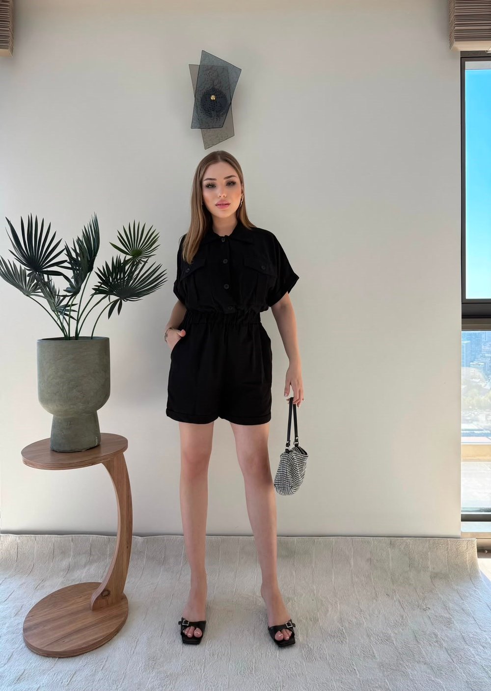 Yakalı Düğme Detay Şortlu Keten Tulum Siyah 2353