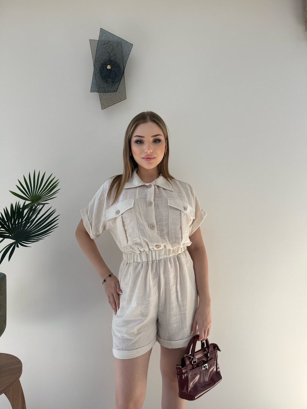 Yakalı Düğme Detay Şortlu Keten Tulum Bej 2353