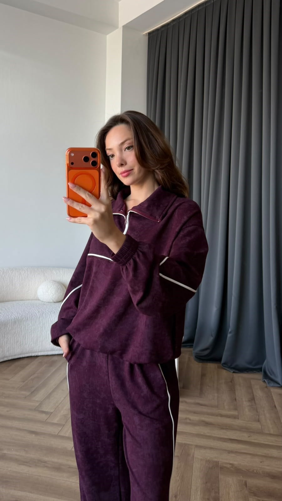 Yarım Fermuar Biye Detay Sweat ve Pantolonlu Modal İkili Takım Mürdüm 2431