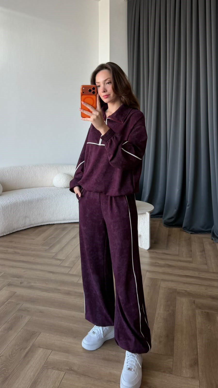 Yarım Fermuar Biye Detay Sweat ve Pantolonlu Modal İkili Takım Mürdüm 2431