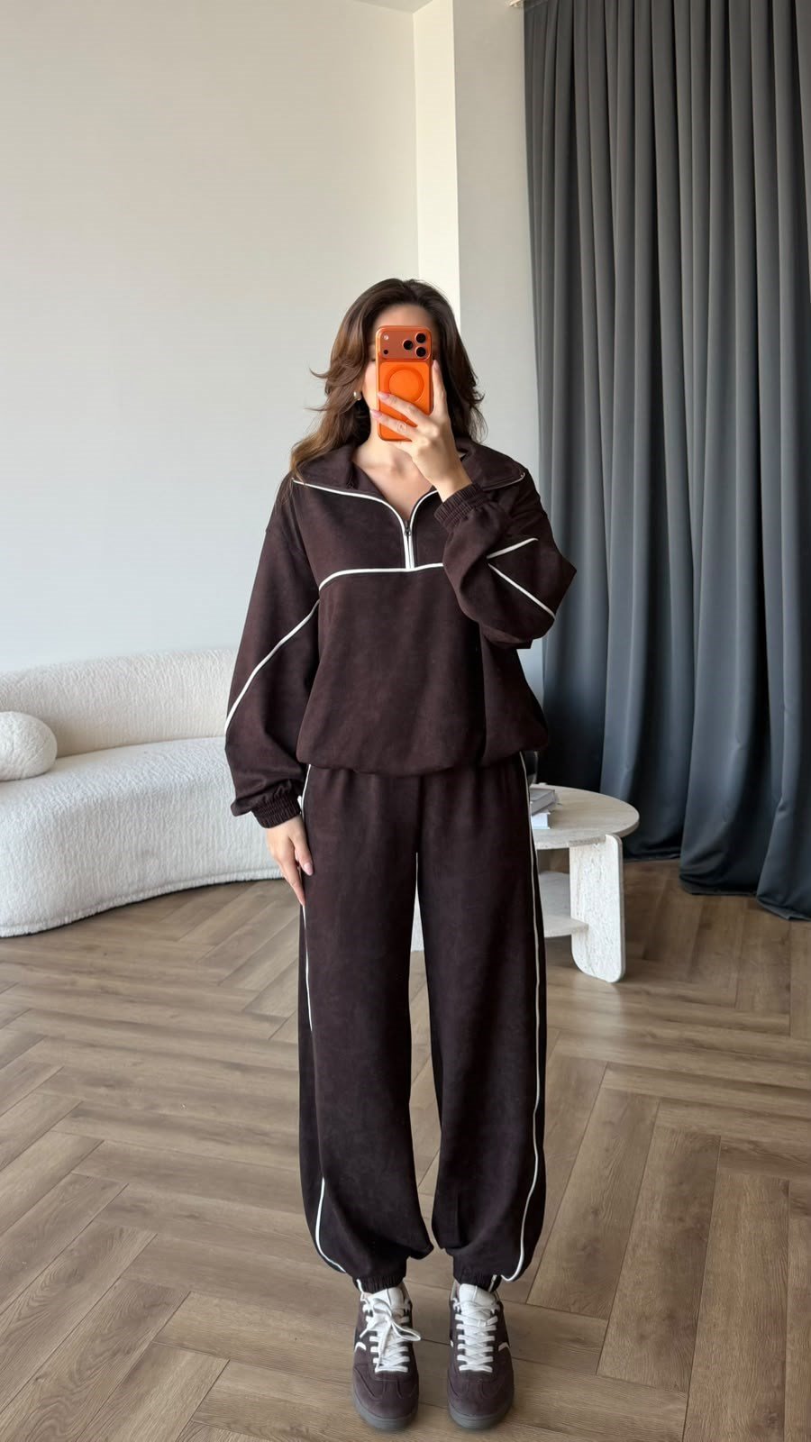 Yarım Fermuar Biye Detay Sweat ve Pantolonlu Modal İkili Takım Acı Kahve 2431