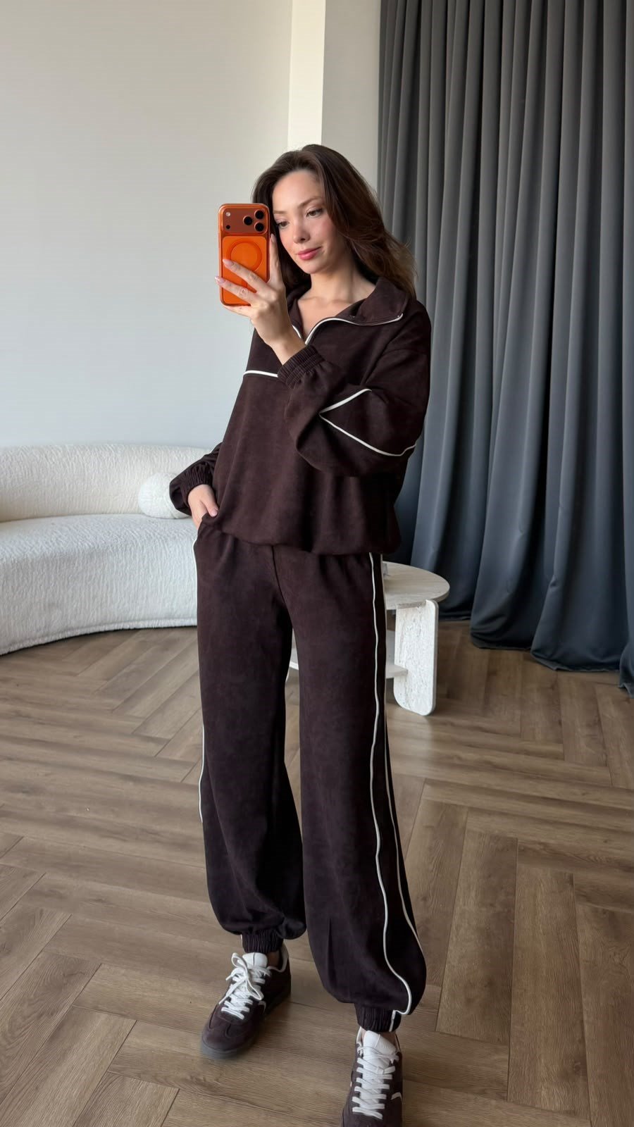 Yarım Fermuar Biye Detay Sweat ve Pantolonlu Modal İkili Takım Acı Kahve 2431