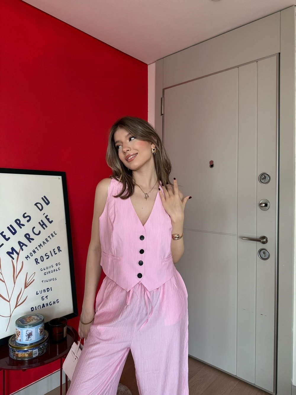 Yelek ve Pantolonlu Çilek Kumaş İkili Takım Pembe 2161