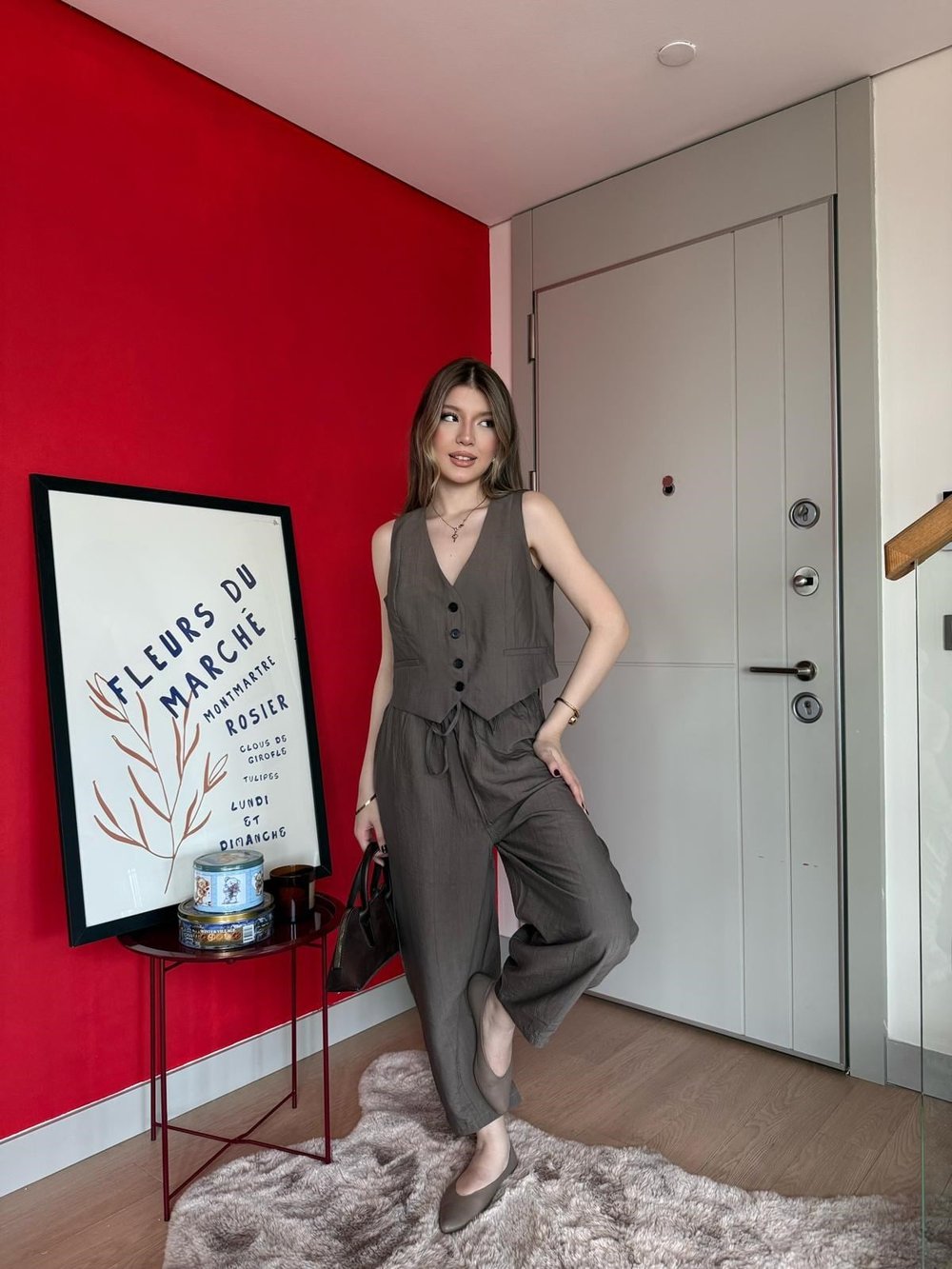 Yelek ve Pantolonlu Çilek Kumaş İkili Takım Kahve 2161