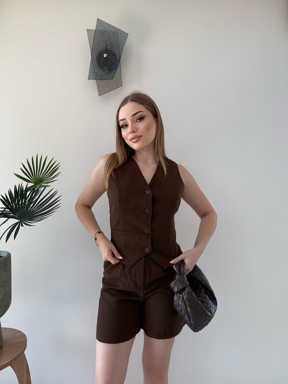 Yelek ve Şortlu İkili Keten Takım Acı Kahve 2373