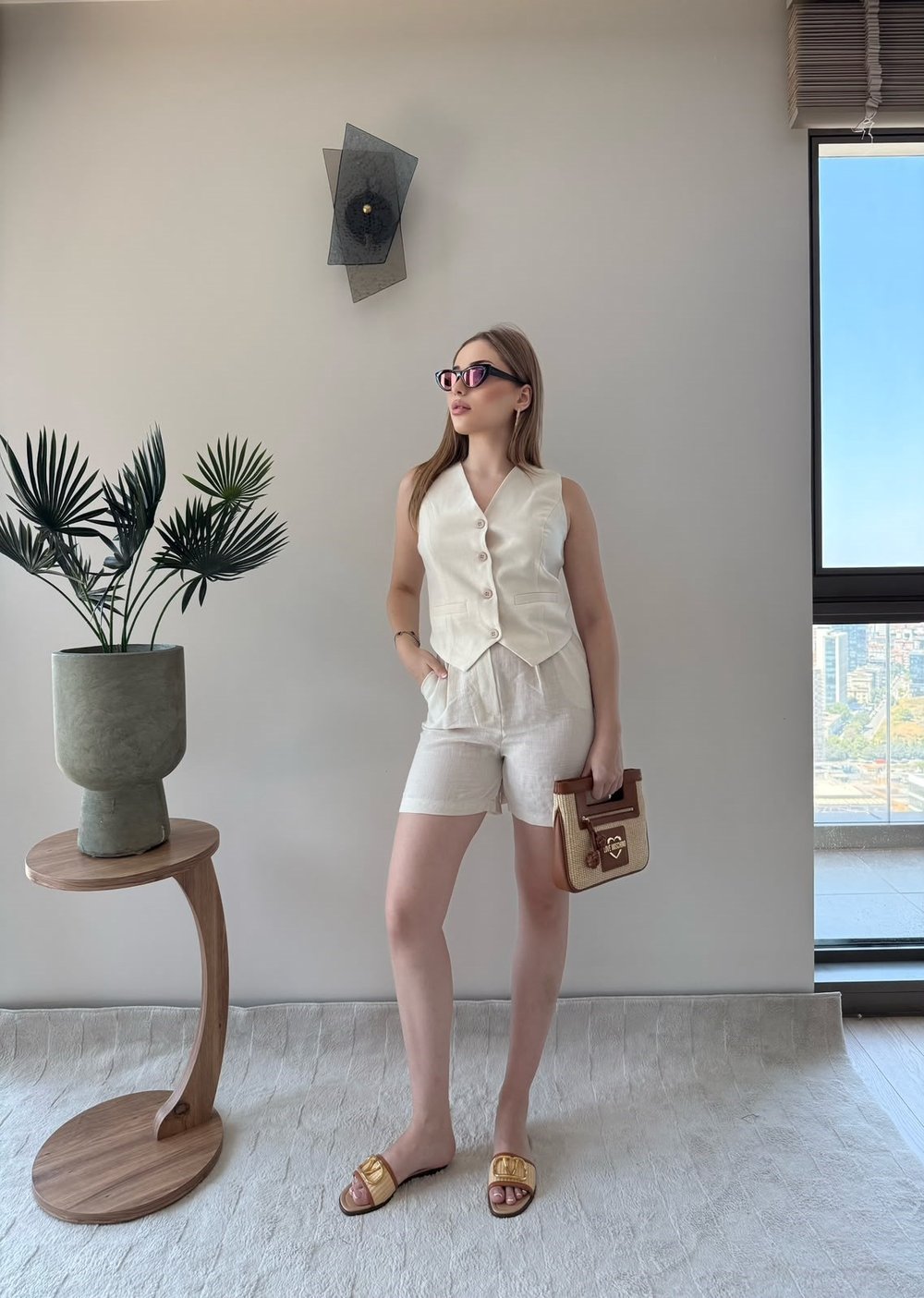 Yelek ve Şortlu İkili Keten Takım Bej 2373