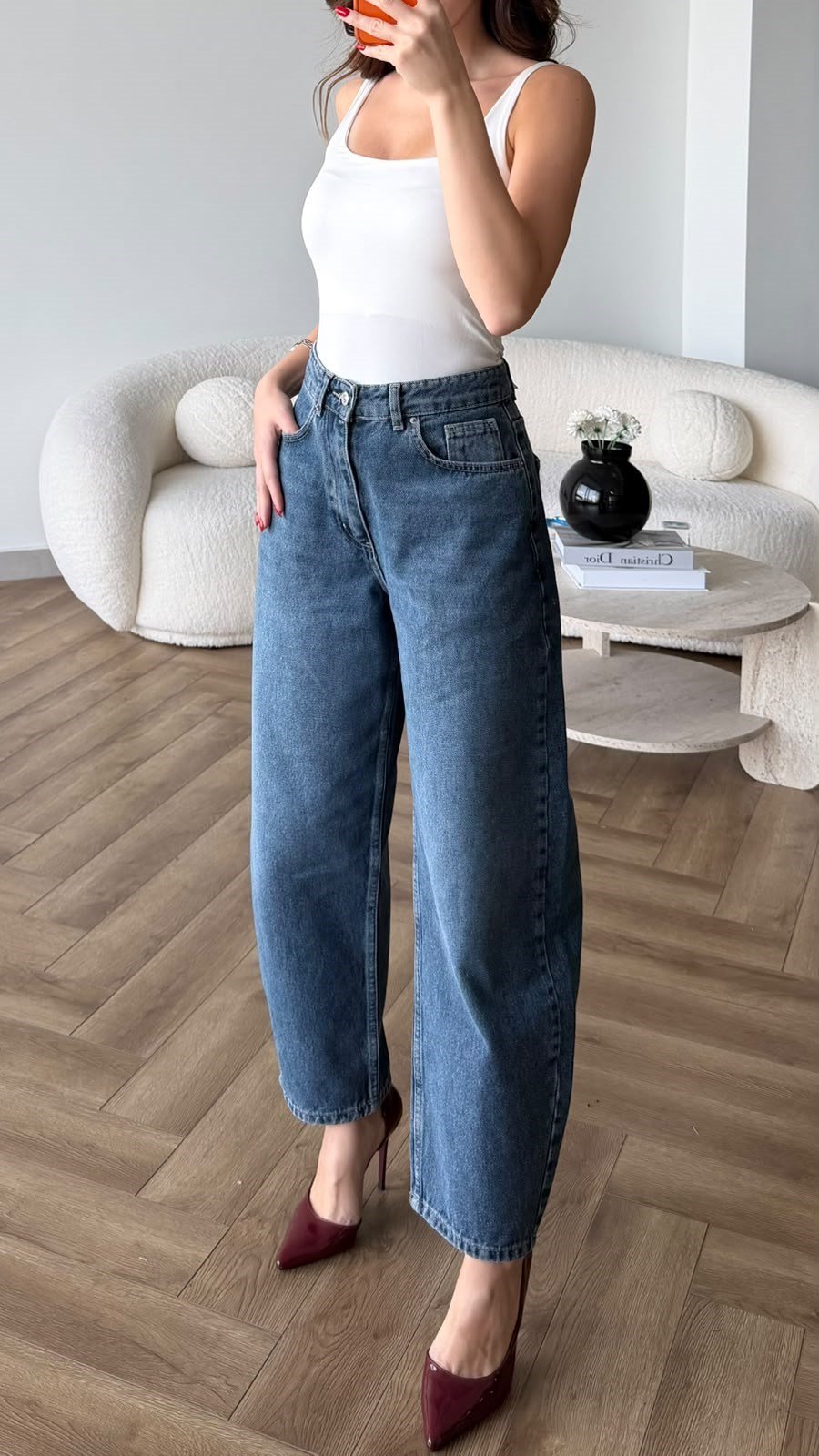 Yüksek Bel Yıkamalı Balon Jean Mavi 2530