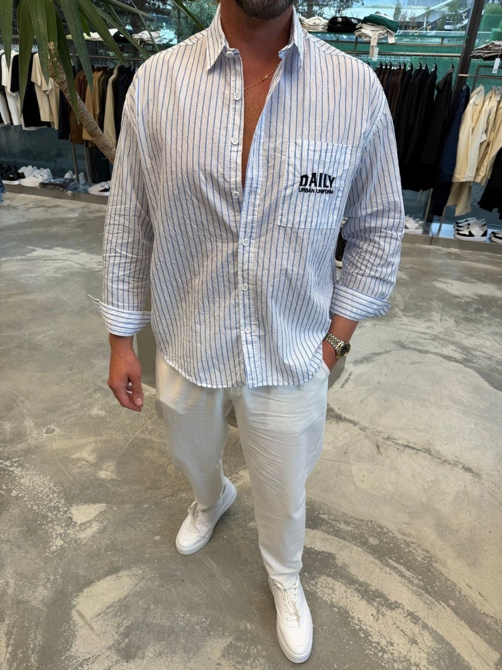 GG Beyaz Daily Baskılı Çizgili Oversize Gömlek 
