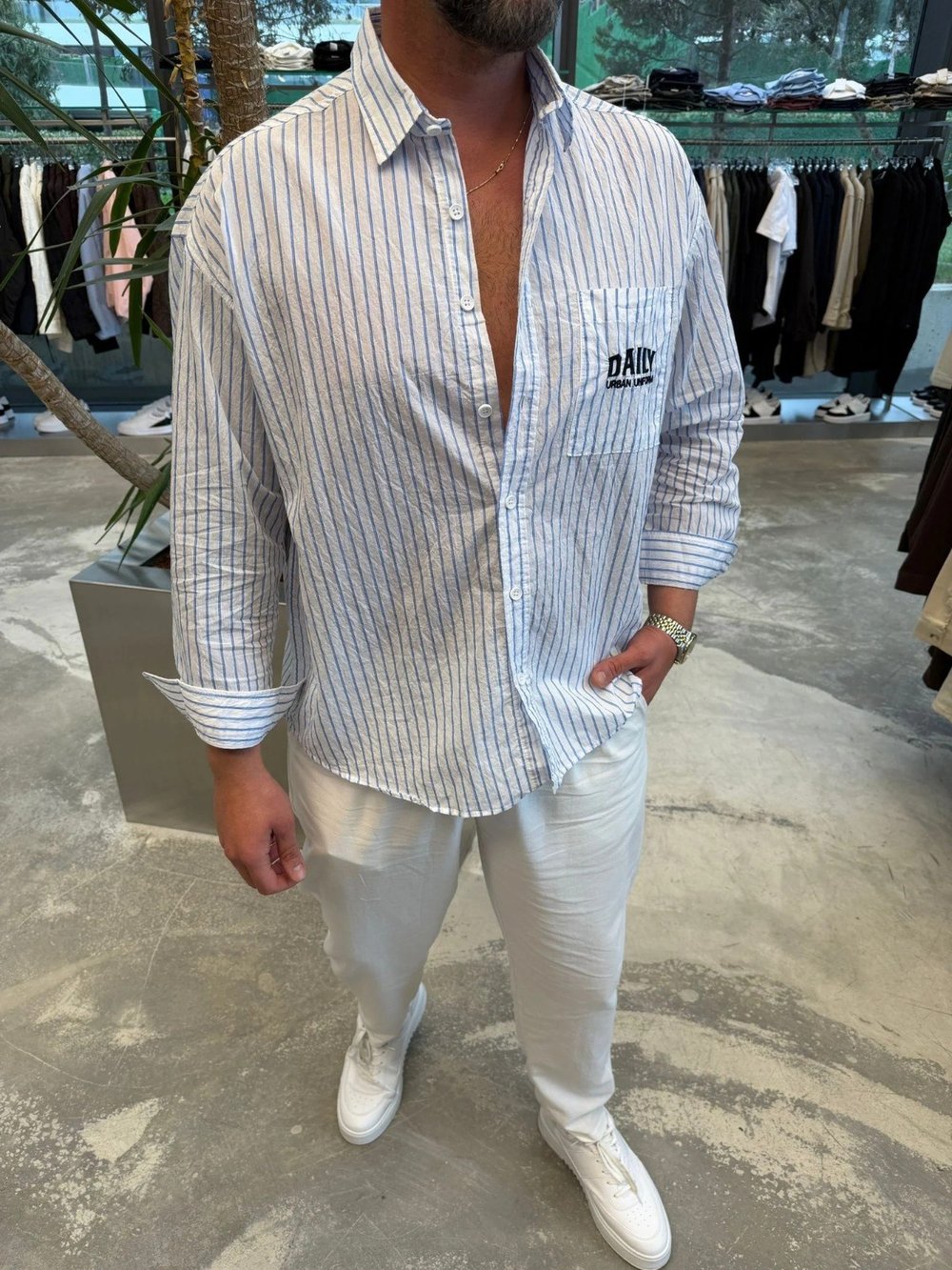 GG Beyaz Daily Baskılı Çizgili Oversize Gömlek 