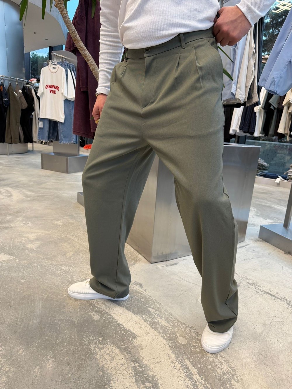 Haki Pileli Baggy Kumaş Pantolon -S4032