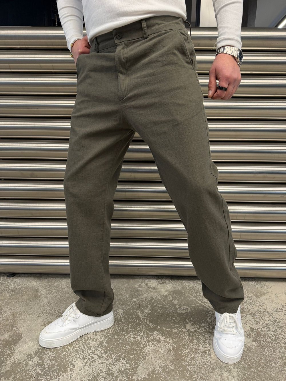 Haki Regular Keten Pantolon -W5077