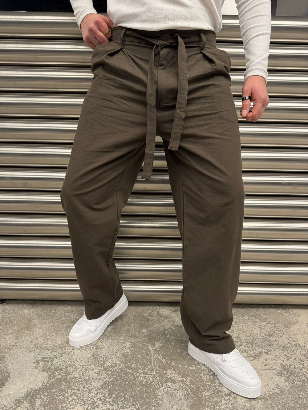 Kahverengi Kuşaklı Model Kumaş Pantolon -2512-261063