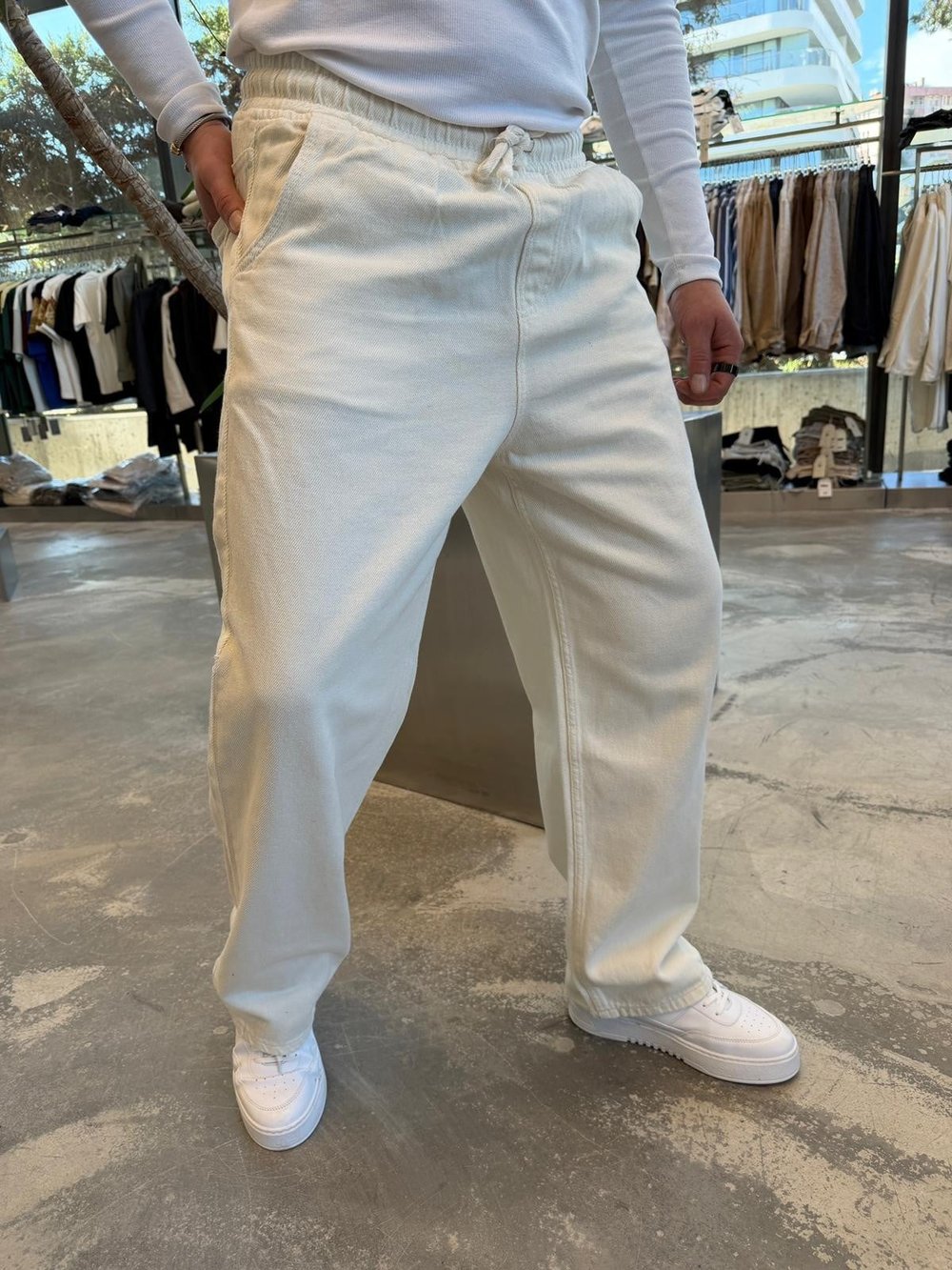 Krem Gabardin Kumaş Baggy Pantolon -W860