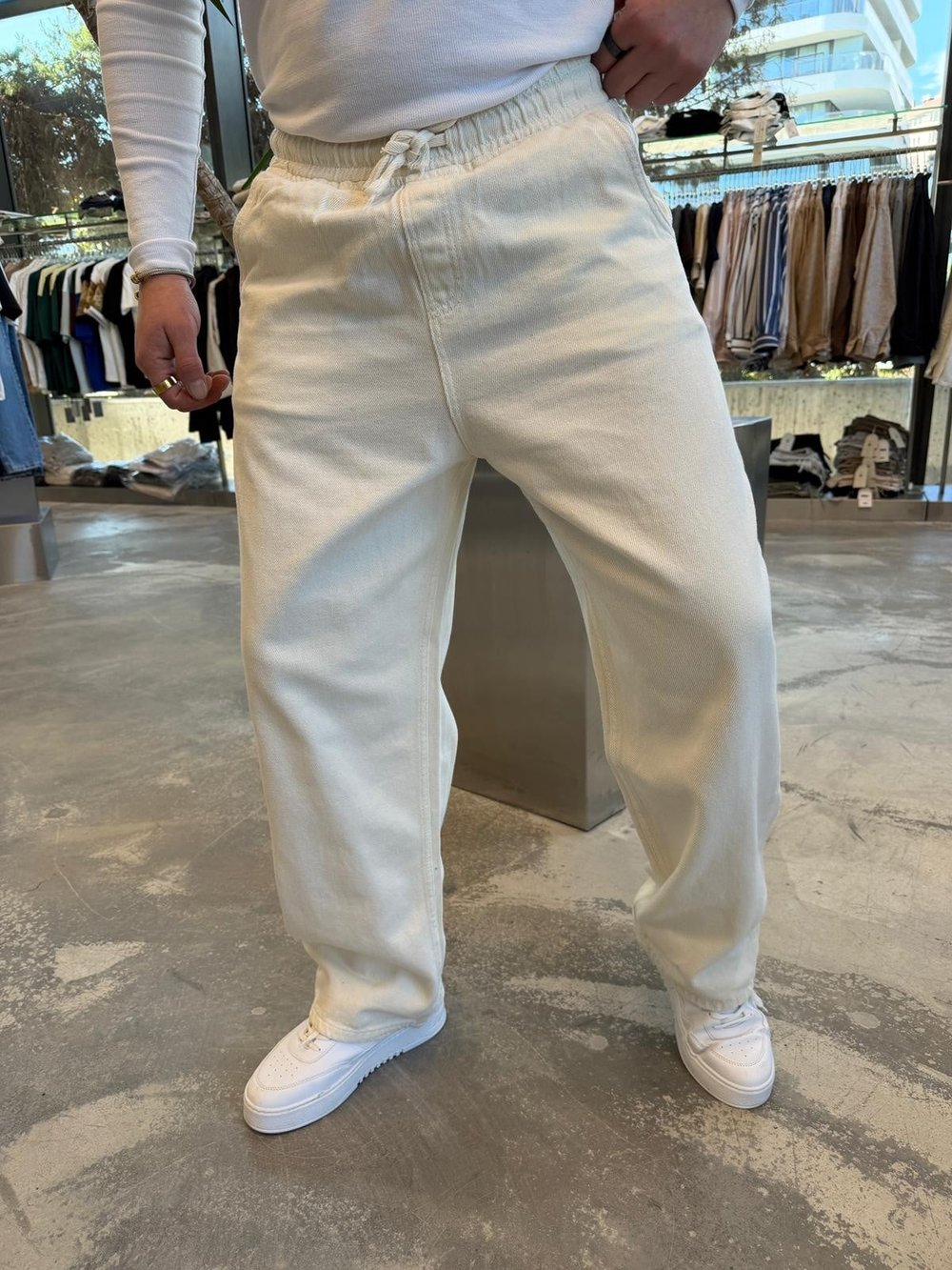 Krem Gabardin Kumaş Baggy Pantolon -W860