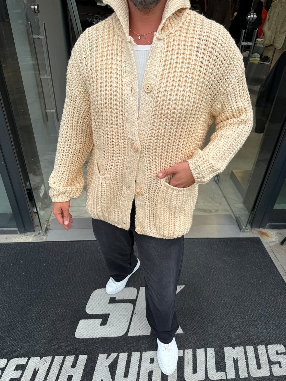 Krem Kalın Örgü Oversize Hırka G1449
