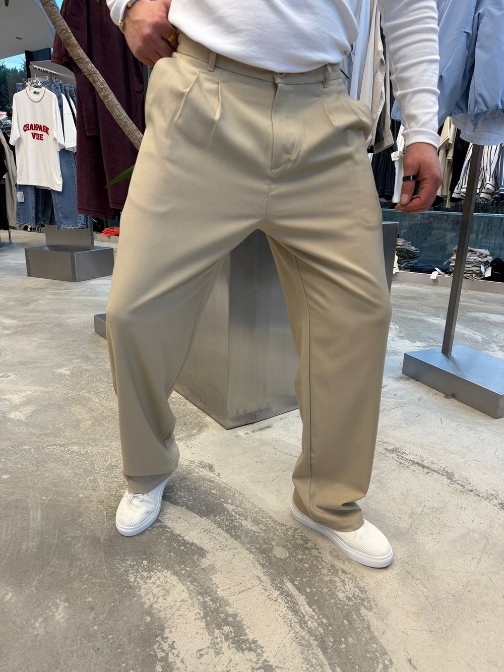 Krem Pileli Baggy Kumaş Pantolon -S4032