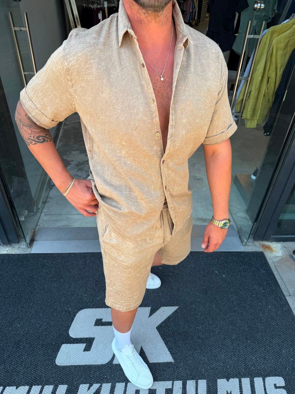 Krem Yıkamalı Pamuk Gabardin Şortlu Takım MRK1596