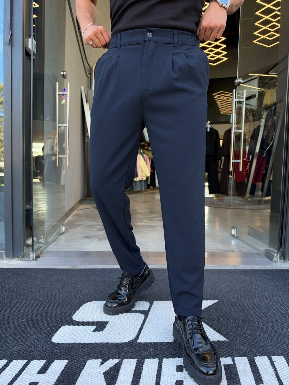 Lacivert Çift Pile Bel Lastik Pantolon KP15