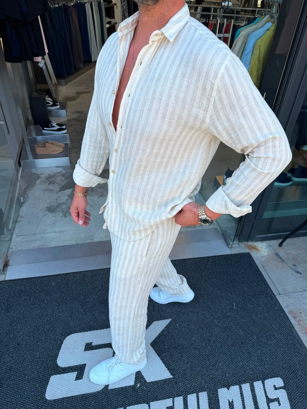 Linen Kumaş Kendinden Çizgi Detaylı Takım MRK2544