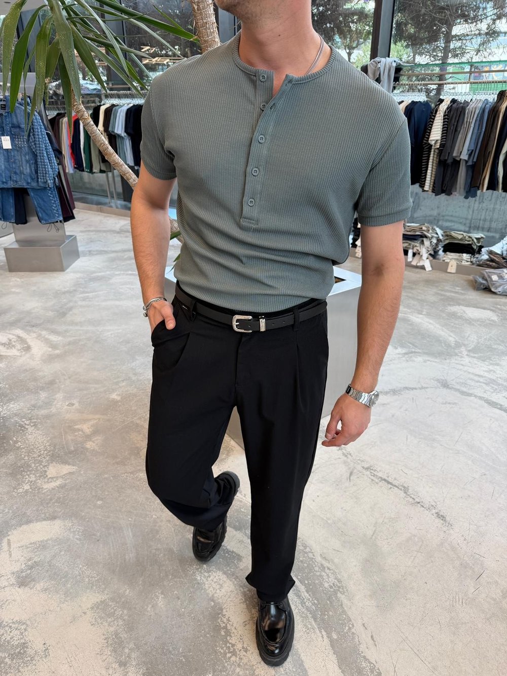 Mint Yeşili Yarım Pat Fitilli Kumaş Basic T-Shirt -R2804