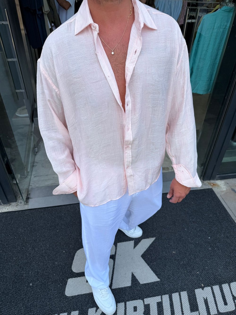 Pembe GG Etnik Desen Rayon Gömlek