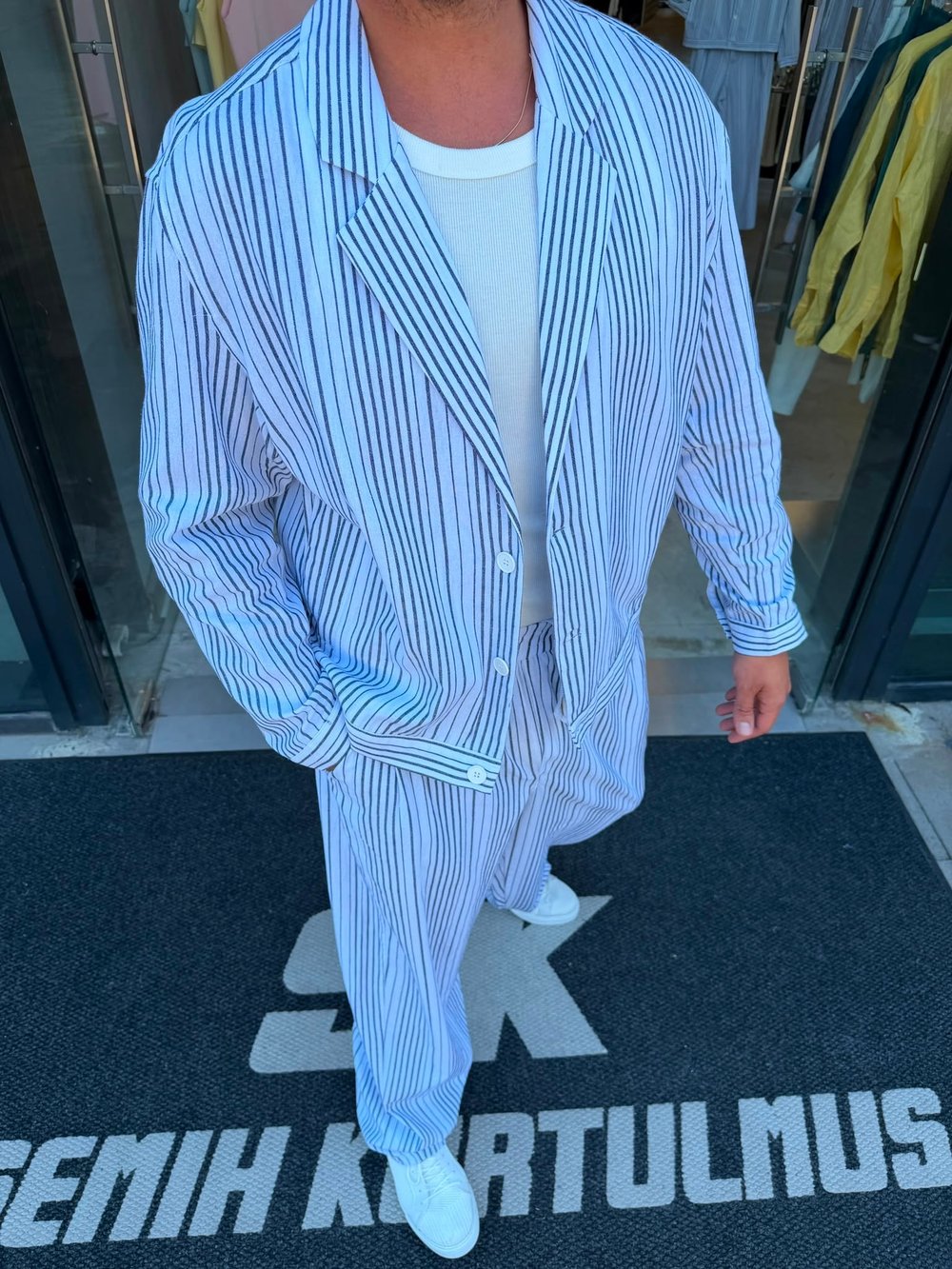 RT Lacivert Çizgili Keten Oversize Takım RT0150