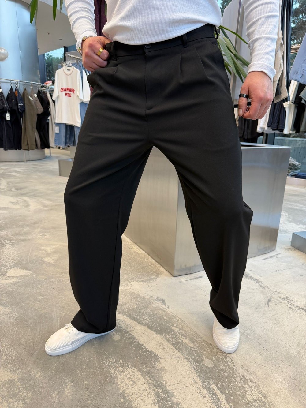 Siyah Pileli Baggy Kumaş Pantolon -S4032