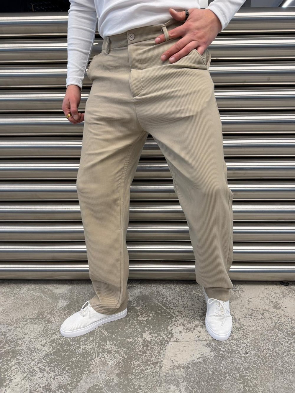 W Bej Ottoman Kumaş Bel Lastik Pantolon -5073