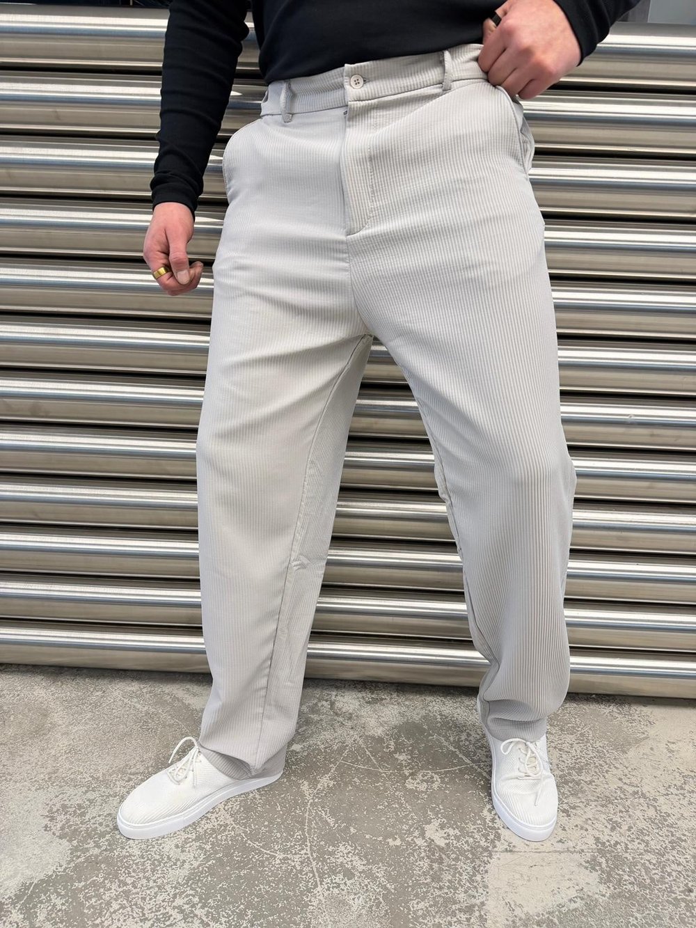 W Gri Ottoman Kumaş Bel Lastik Pantolon -5073