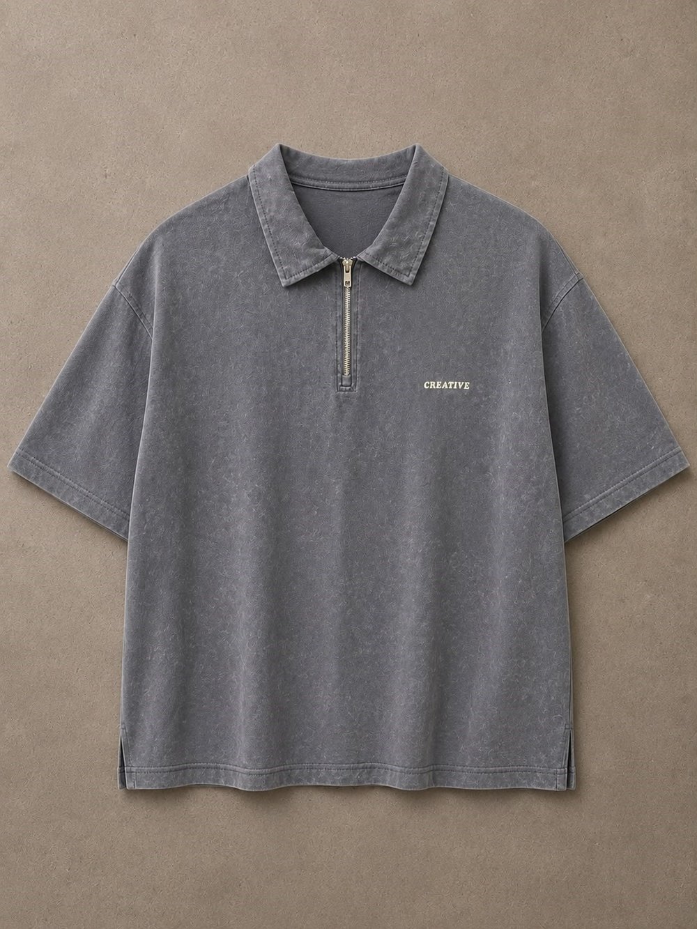 Yıkamalı Polo Yaka Fermuarlı T-Shirt