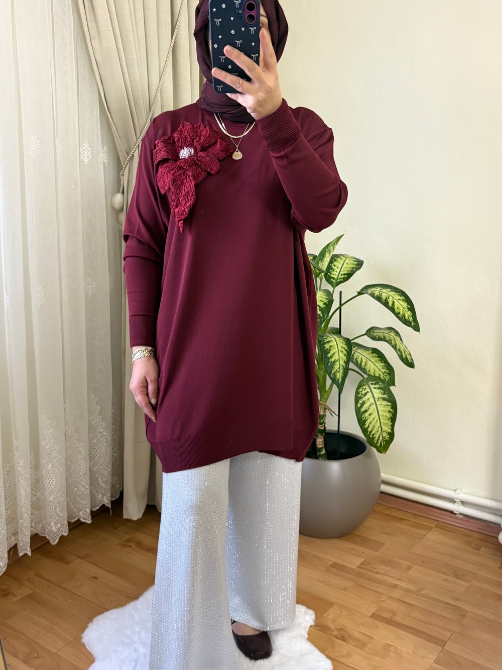 Çiçek Desenli Merserize Tunik | Bordo