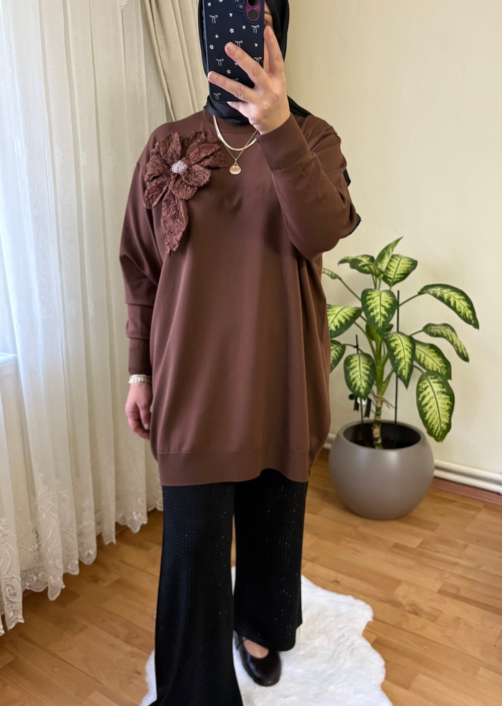 Çiçek Desenli Merserize Tunik | Kahverengi
