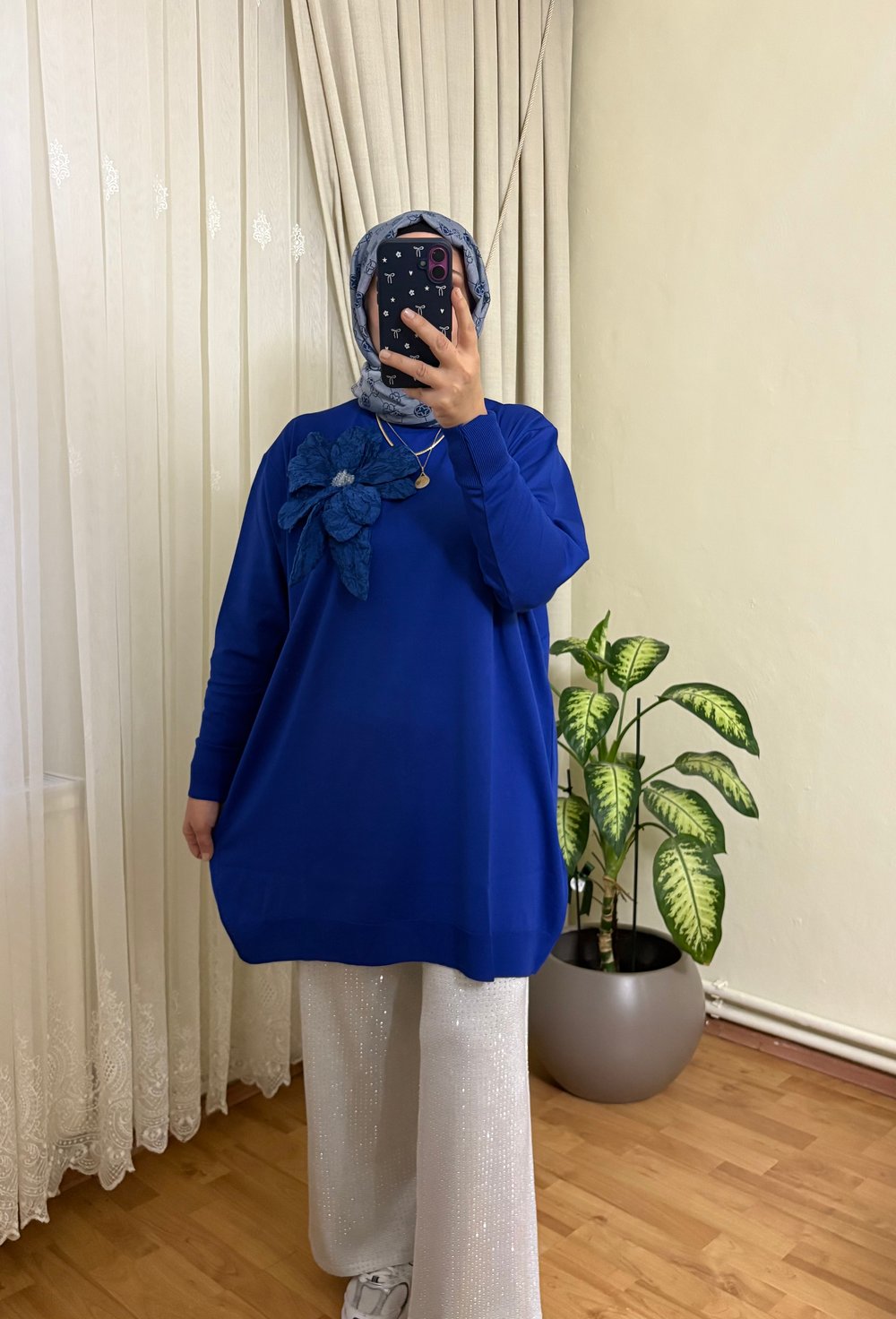 Çiçek Desenli Merserize Tunik | Saks Mavi