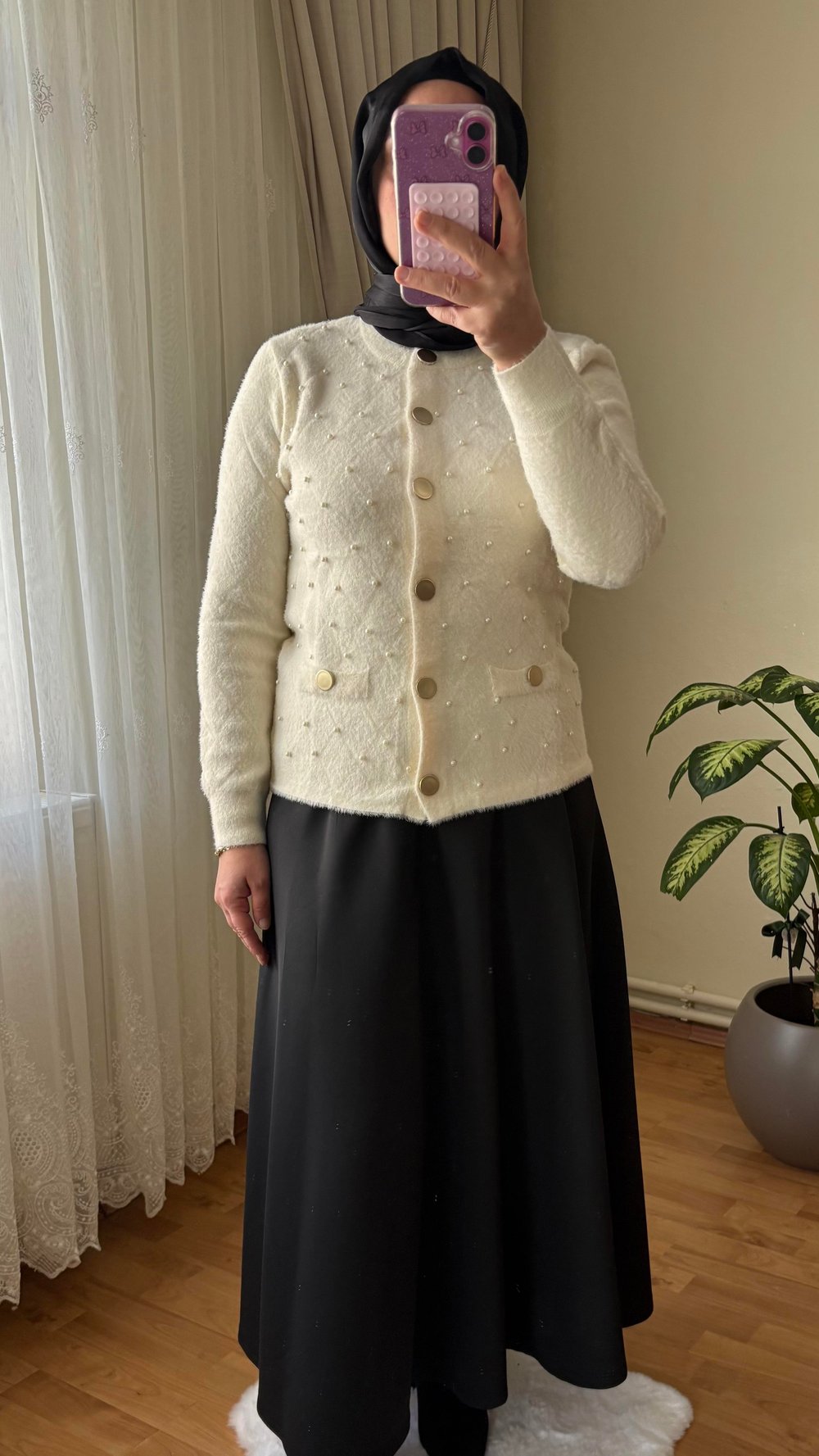 İnci Detaylı Angora Hırka | Krem