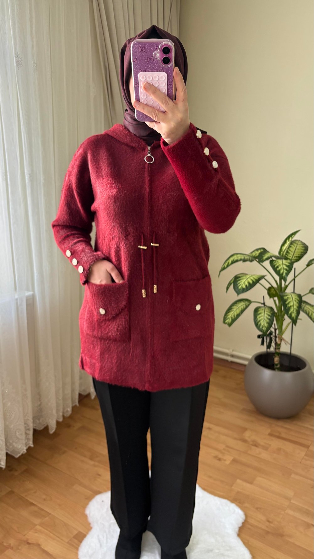 Kapüşonlu Angora Hırka | Bordo