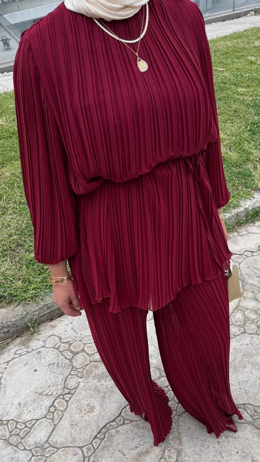 Piliseli Şifon Takım/ Bordo