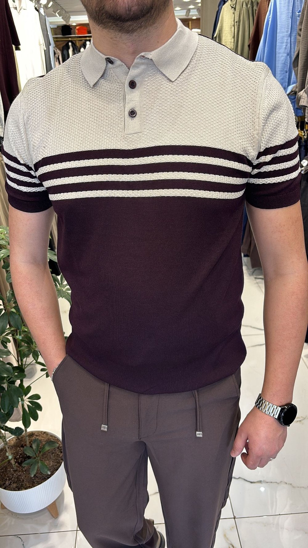 BEJ-MÜRDÜM ÇİZGİLİ TRİKO T-SHIRT