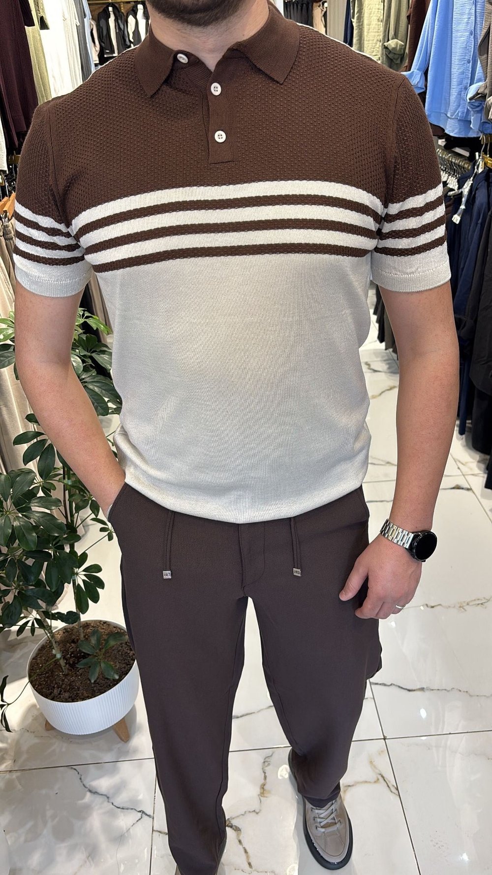 KAHVE-BEJ ÇİZGİLİ TRİKO T-SHIRT