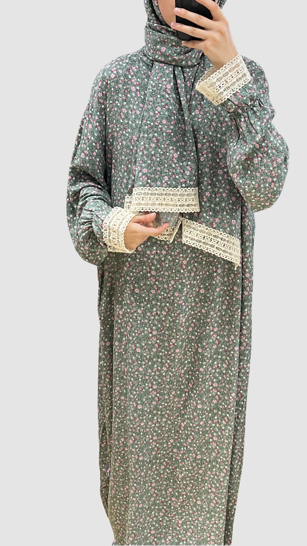Uzun Şallı, Fermuarlı ve Dantelli %100 Pamuk Namaz Elbisesi Mint Yeşili