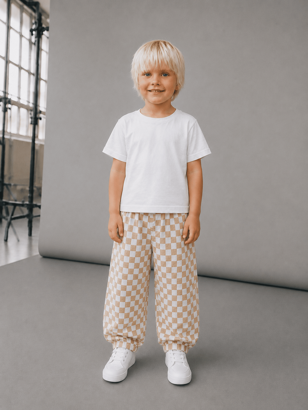 Connemara Kids Unisex Kare Desenli Balloon Fit Çocuk Pantolon Bej Beyaz Rahat Kalıp