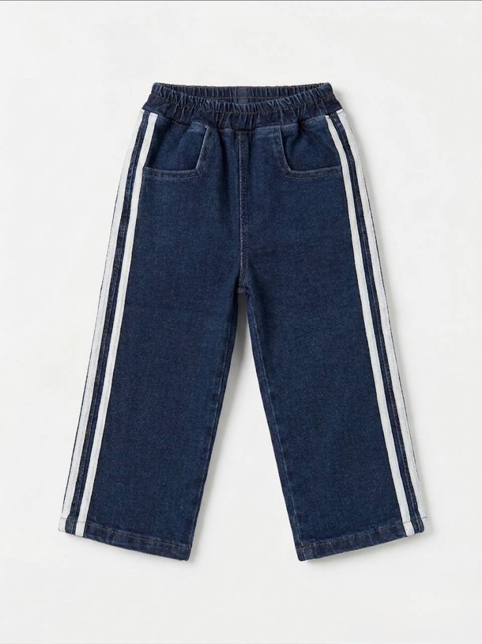 Erkek Çocuk Yan Şerit Detaylı Jean Pantolon – Lastikli Bel Rahat Kalıp Denim Pantolon