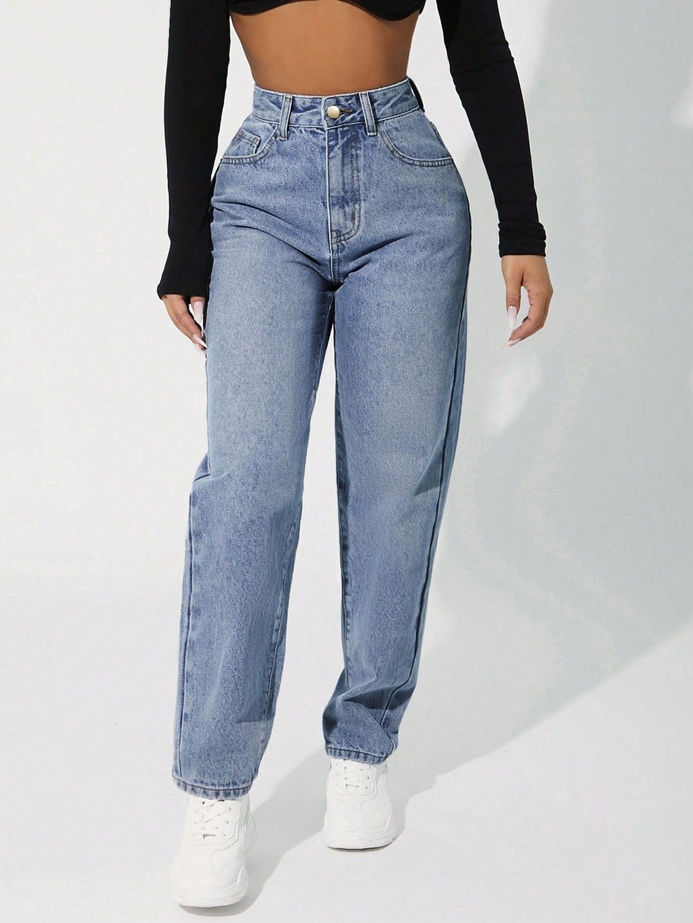 Jeans Kadın Açık Mavi Yüksek Bel Mom Fit Jean Pantolon Rahat Kesim Günlük Denim